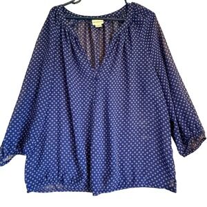Liz Claiborne Blue White Diamond Print Sheer‎ Blouse Top XL